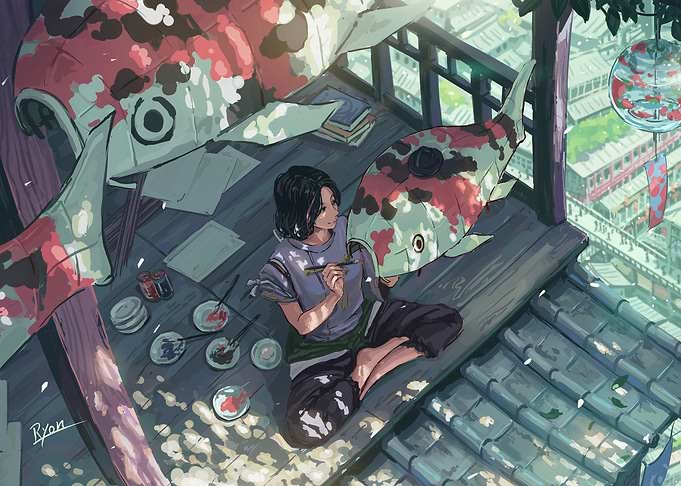 Girl Painting Koi Fish on Rooftop