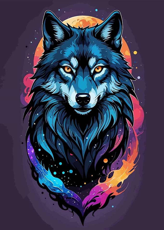 Majestic Blue Wolf Portrait with Cosmic Elements