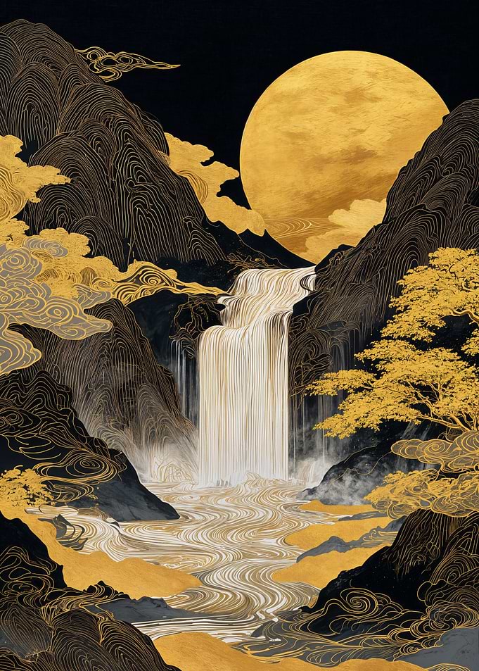 Golden Waterfall Landscape with Full Moon