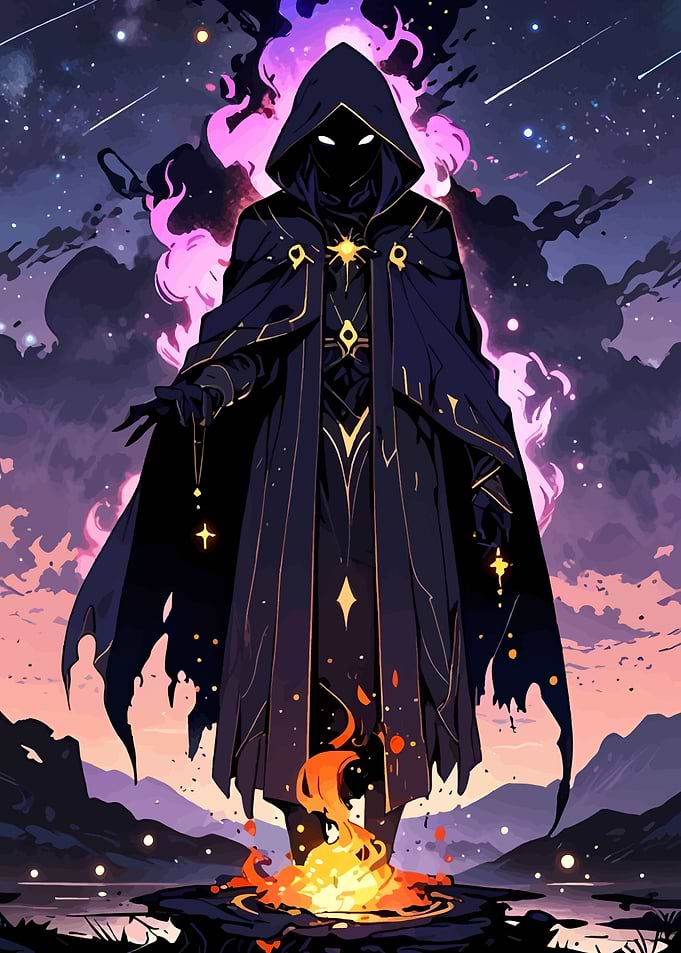 Mystic Figure by Campfire Under Starry Sky