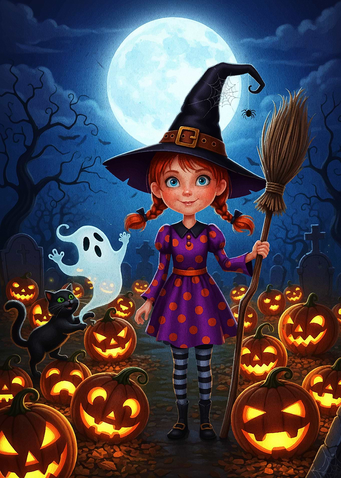 Halloween Witch with Pumpkins and Ghost