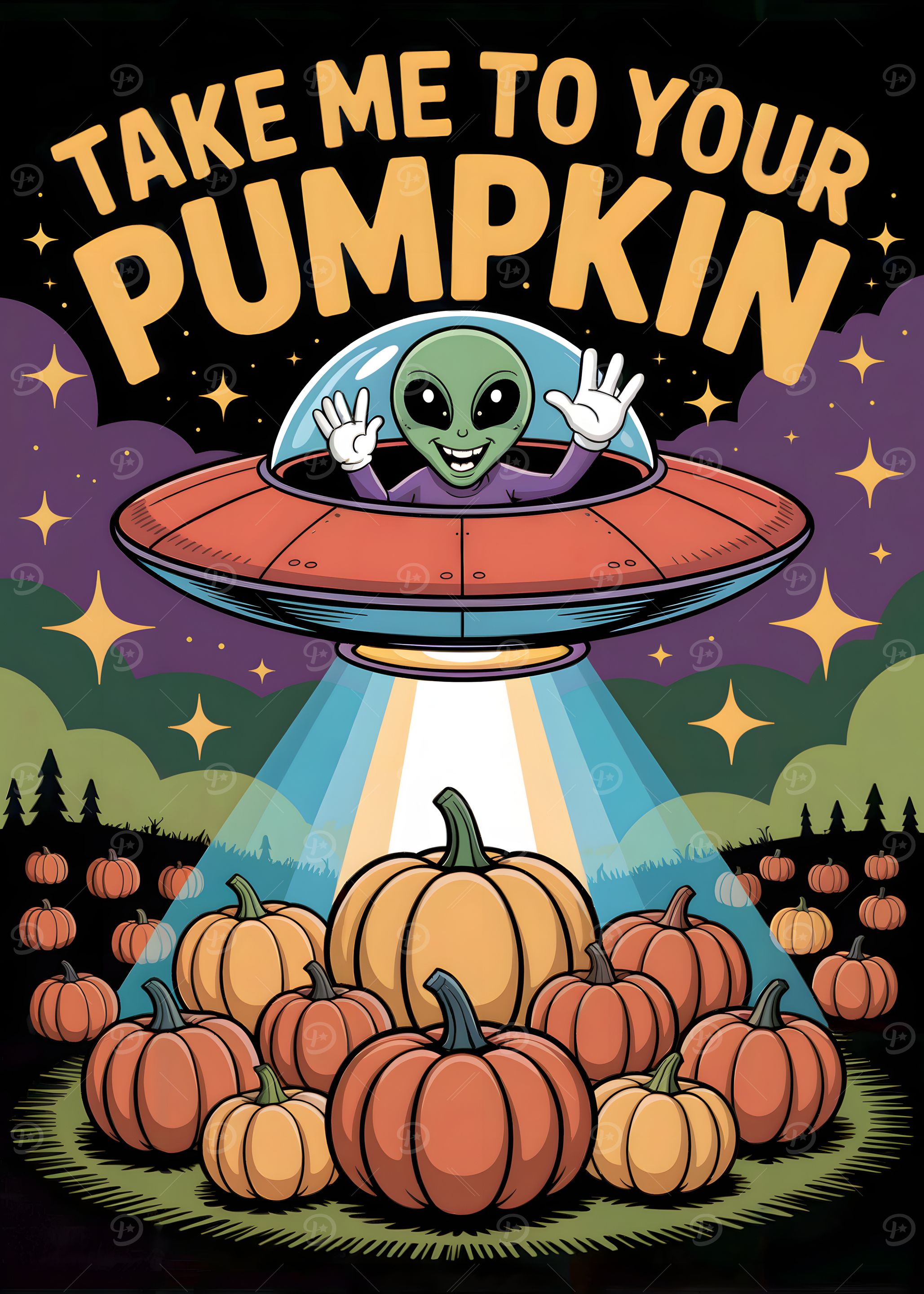 Alien Pumpkin Patch Halloween Cartoon