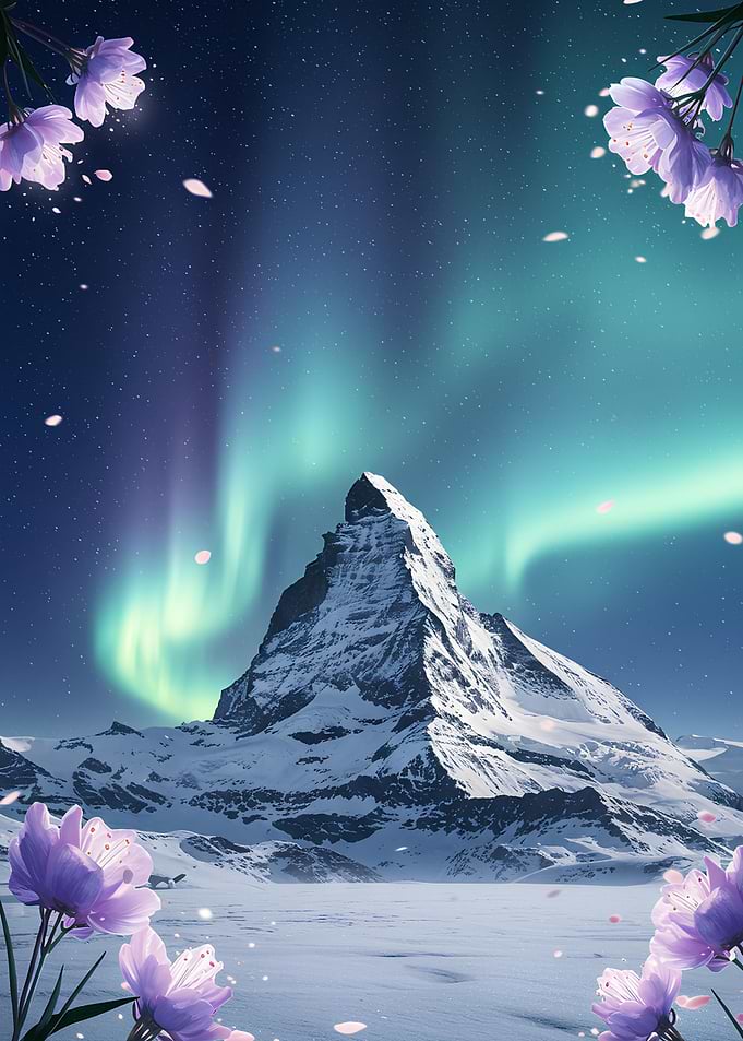 Mountain Aurora with Flowers