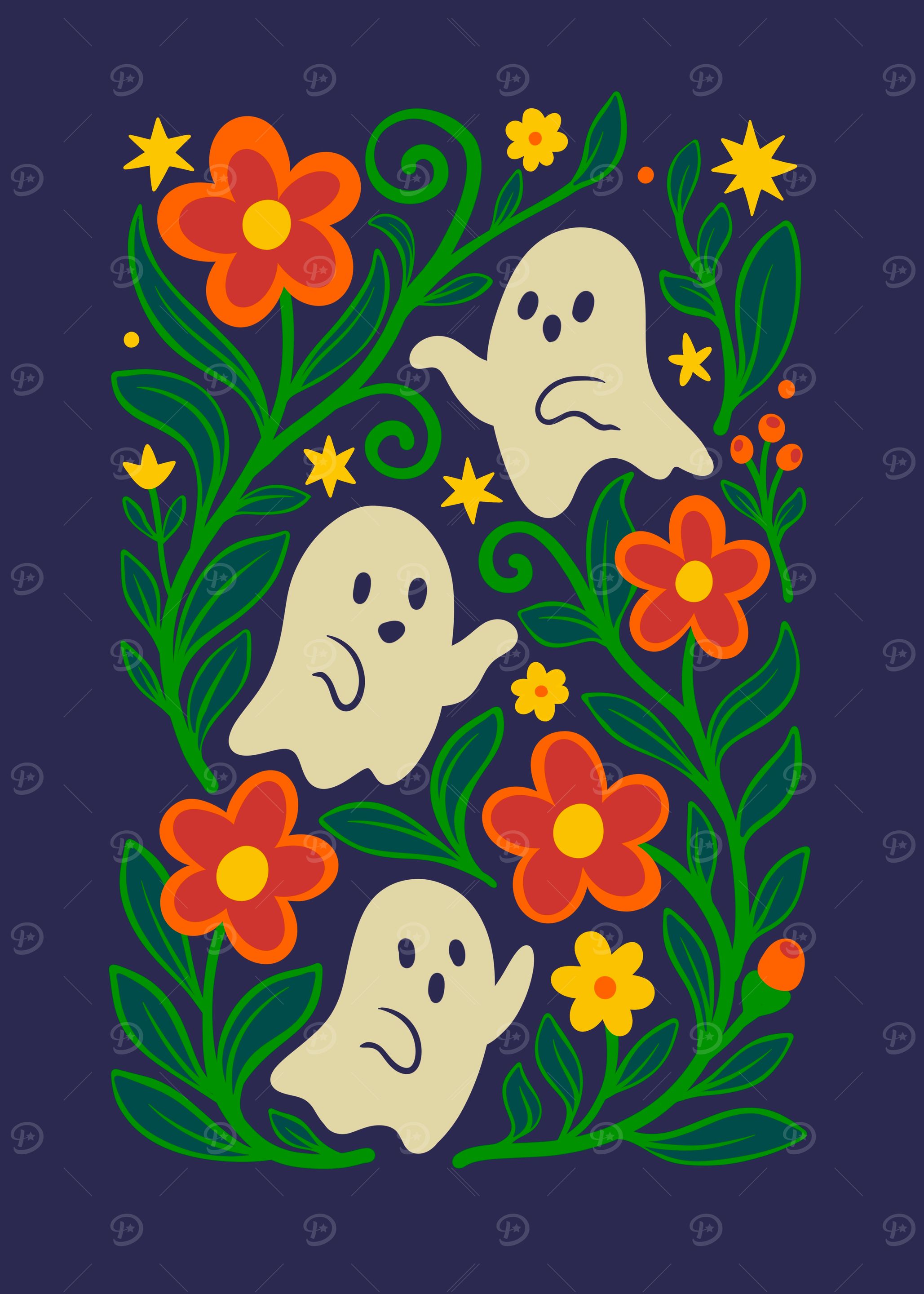 Floral Ghosts on Dark Blue Background
