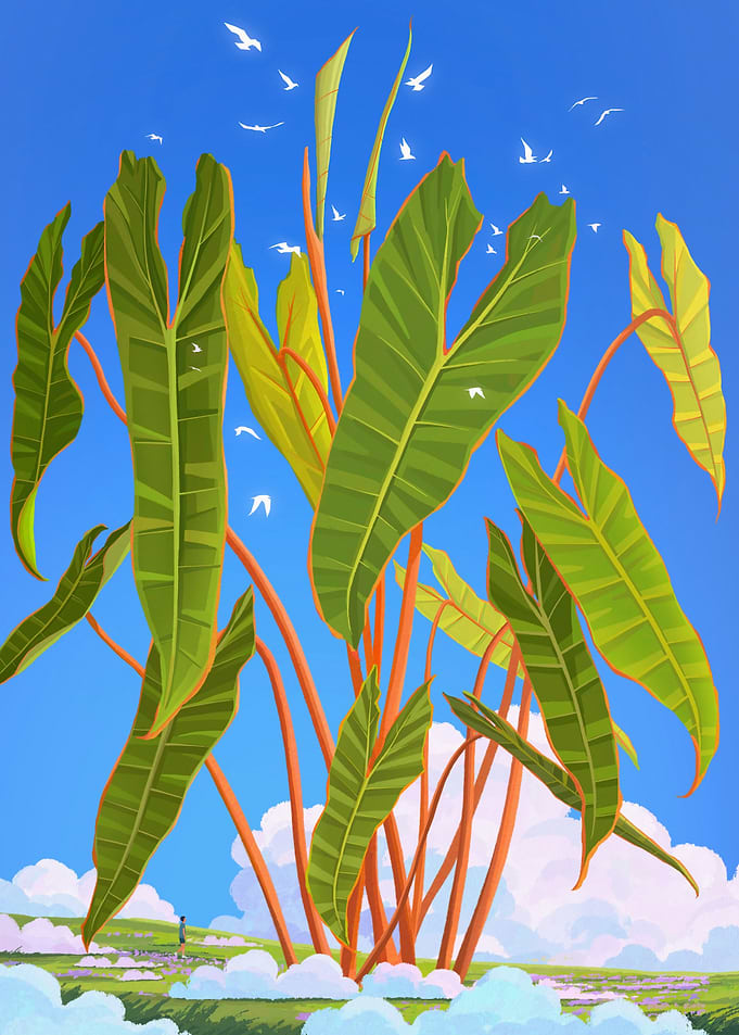 Giant Leaves and Birds in the Sky
