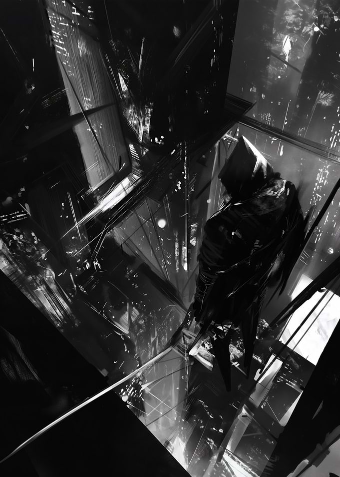 Hooded Figure in Abstract Cityscape