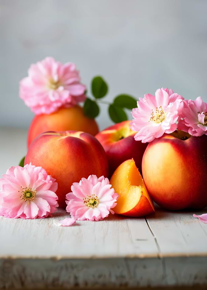 Peaches and Pink Flowers Still Life
