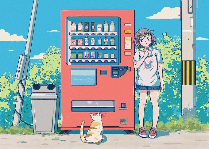 Anime Girl with Vending Machine and Cat