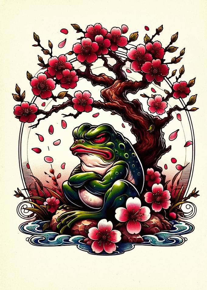 Grumpy Frog with Cherry Blossoms