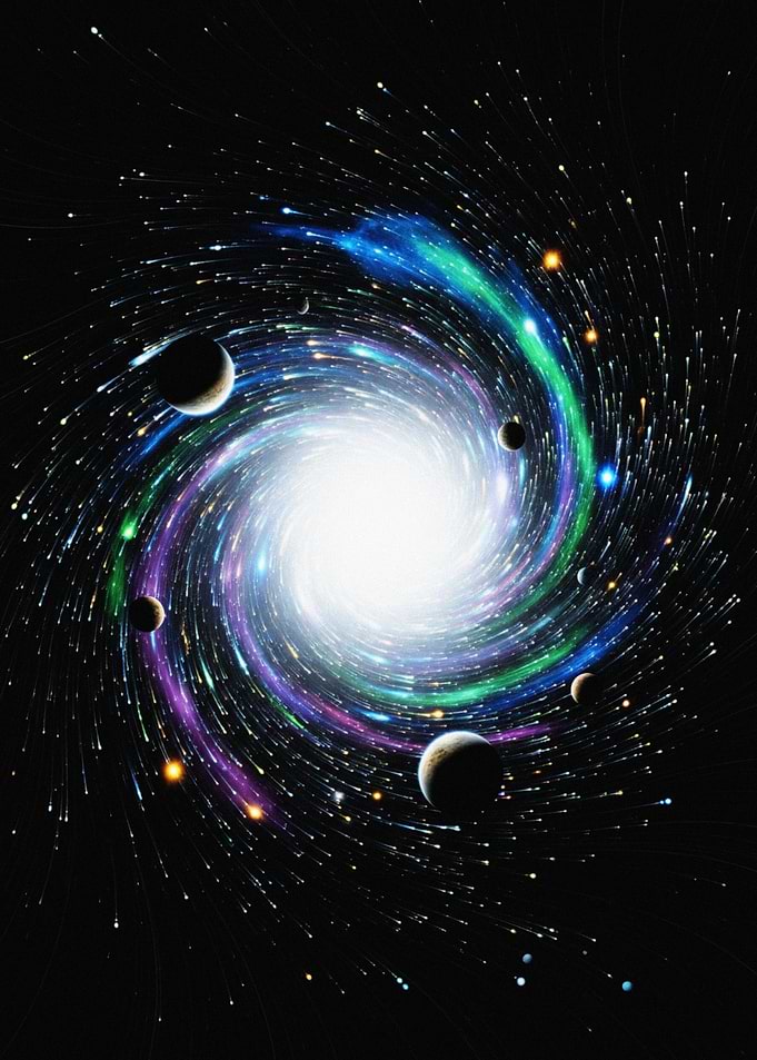 Colorful Swirling Galaxy with Planets