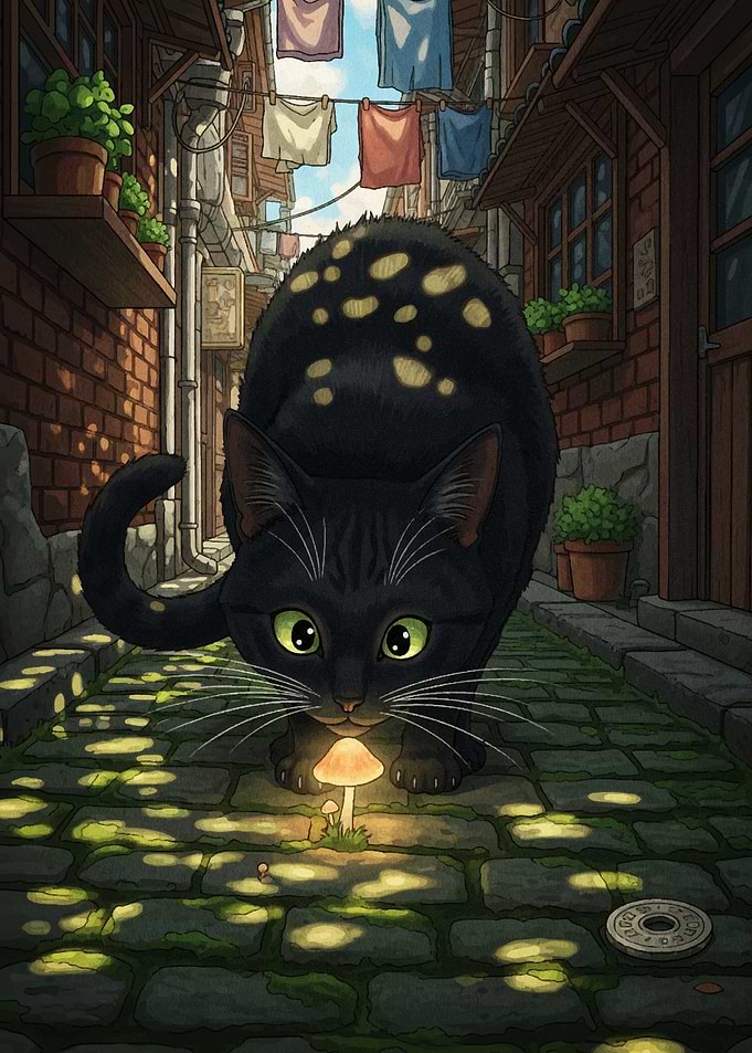 Black Cat and Mushroom in Alleyway