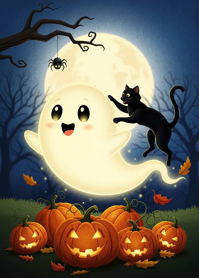 Cute Halloween Ghost with Black Cat