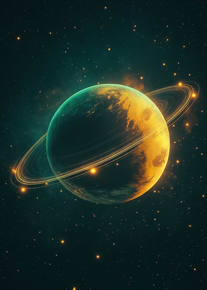 A glowing planet with faint rings surrounded by stars