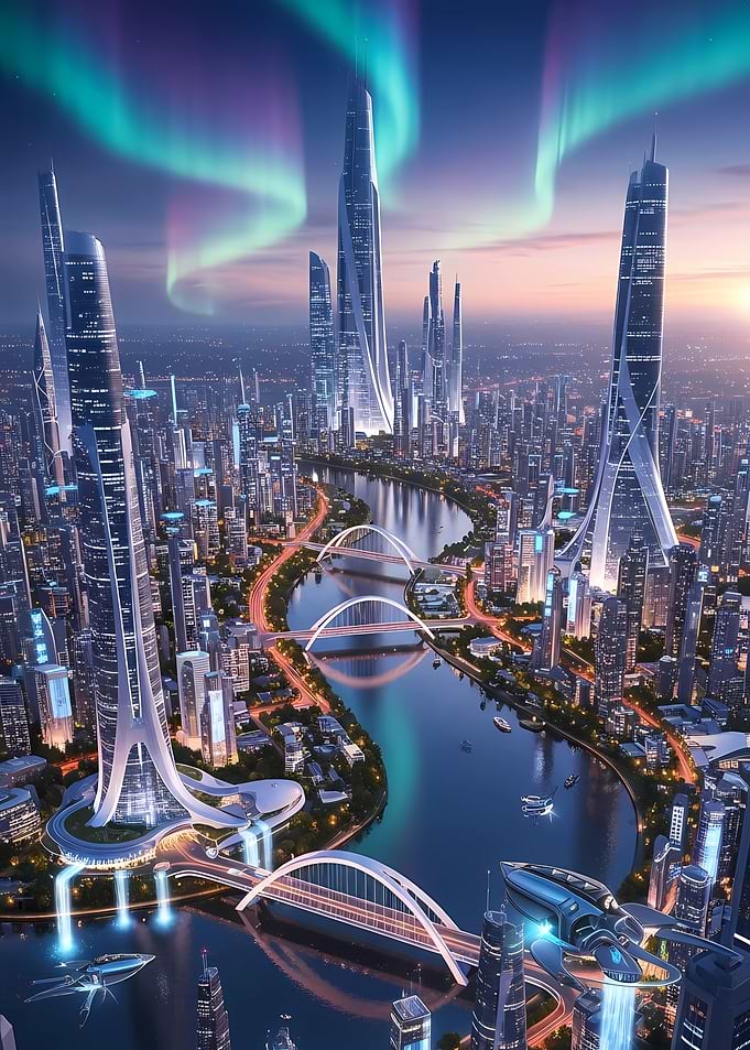 Futuristic Cityscape with Aurora Borealis