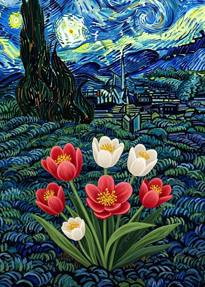 Tulips in a Starry Night Landscape