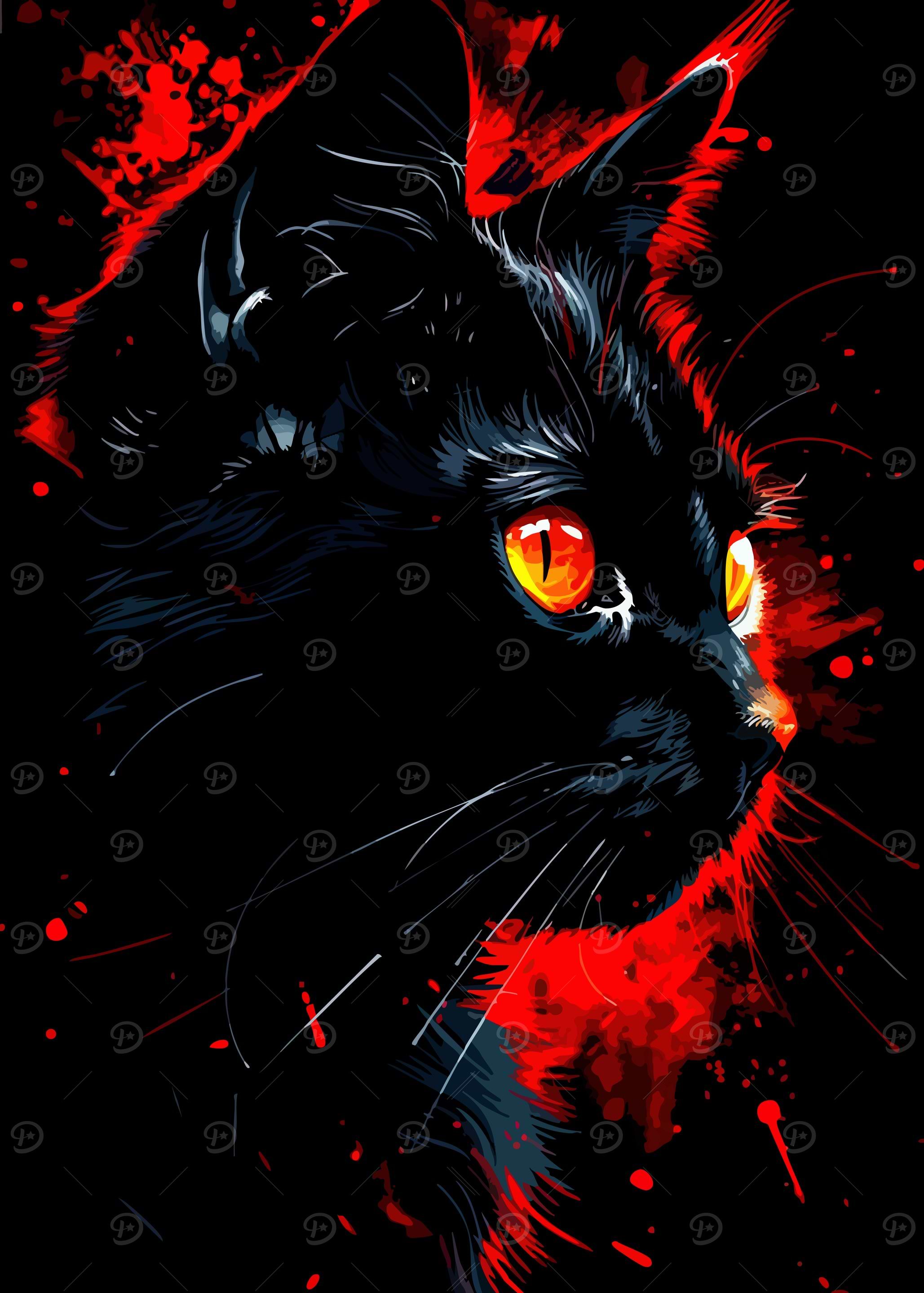 Black Cat with Red Splatter Art