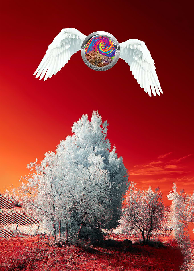 Winged Orb Over Red Landscape