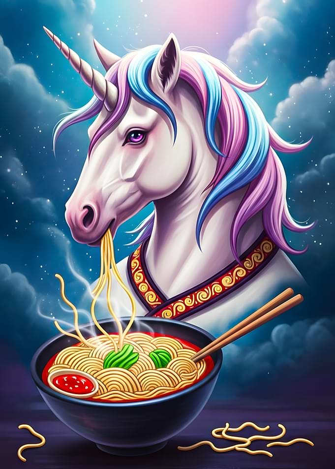 Unicorn eating ramen in the night