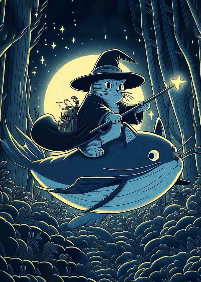 Cat Wizard Riding Whale in Forest