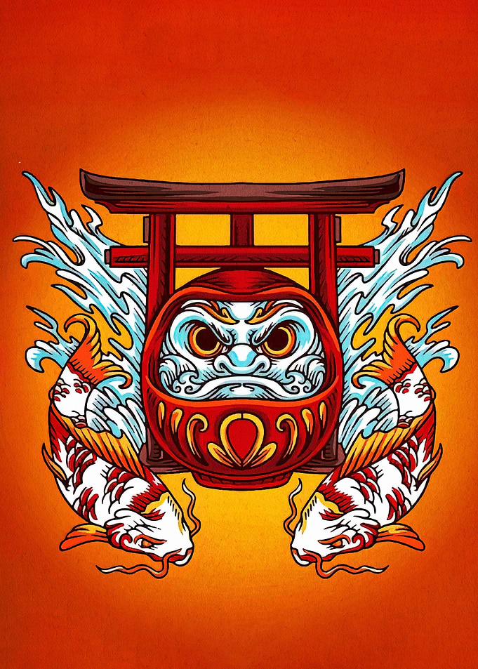 Daruma Doll with Koi Fish Illustration