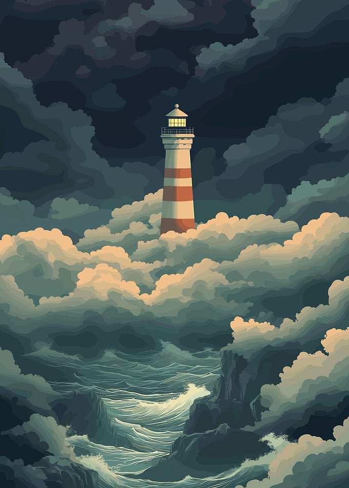 Lighthouse Amidst Stormy Seas and Clouds