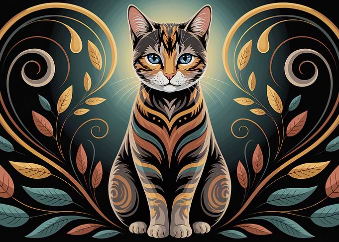 Elegant Cat Portrait with Floral Accents