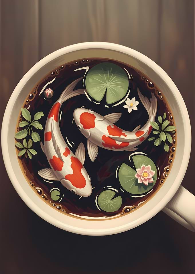 Koi Pond in Coffee Cup – Japanese Coffee Art Illustration