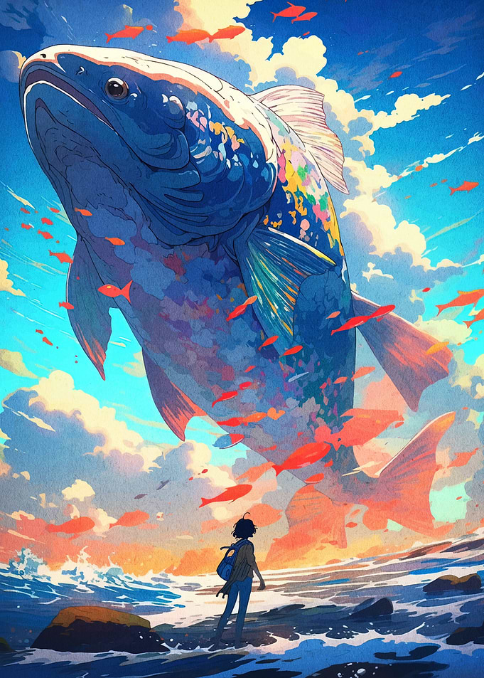 Giant Fish and Person on Beach