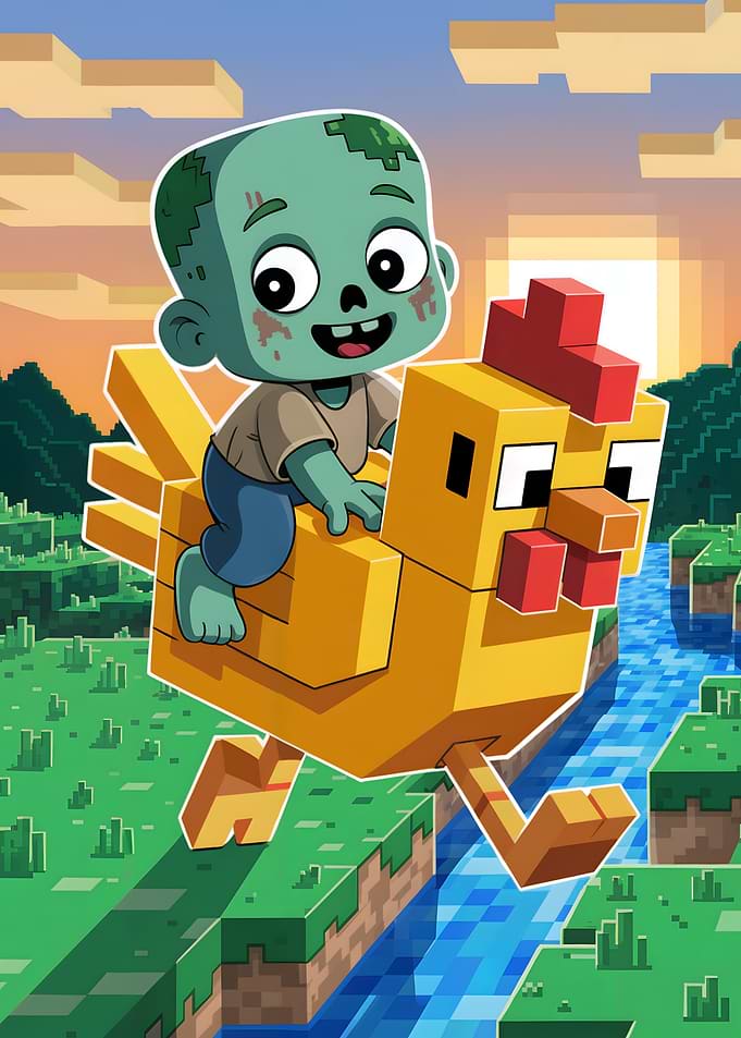 Minecraft Zombie Riding Chicken Cartoon