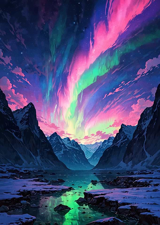 Aurora Borealis Over Mountain Lake
