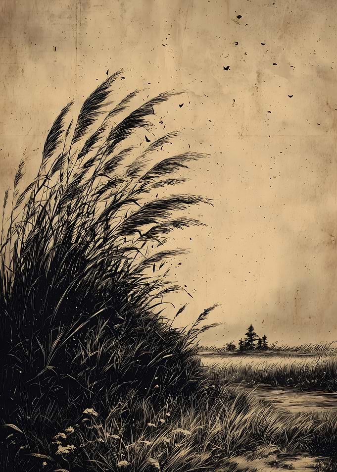 Vintage Grassy Landscape with Sepia Tones