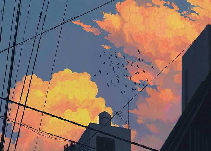 Sunset Clouds and Birds Over City