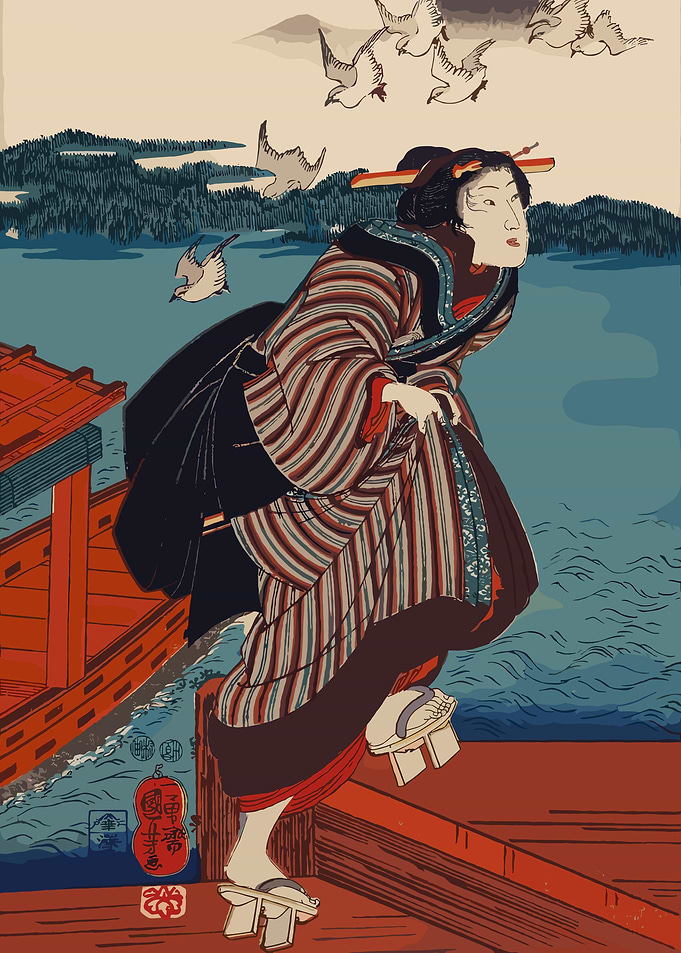 Japanese Woodblock Print: Woman and Birds