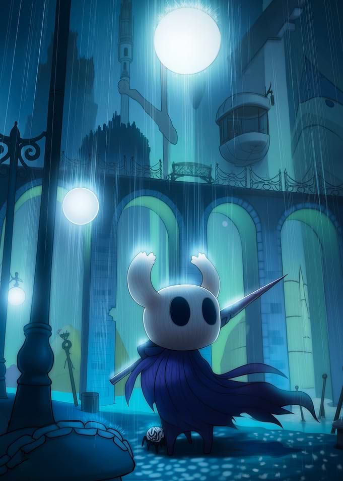 Hollow Knight in Rainy Cityscape