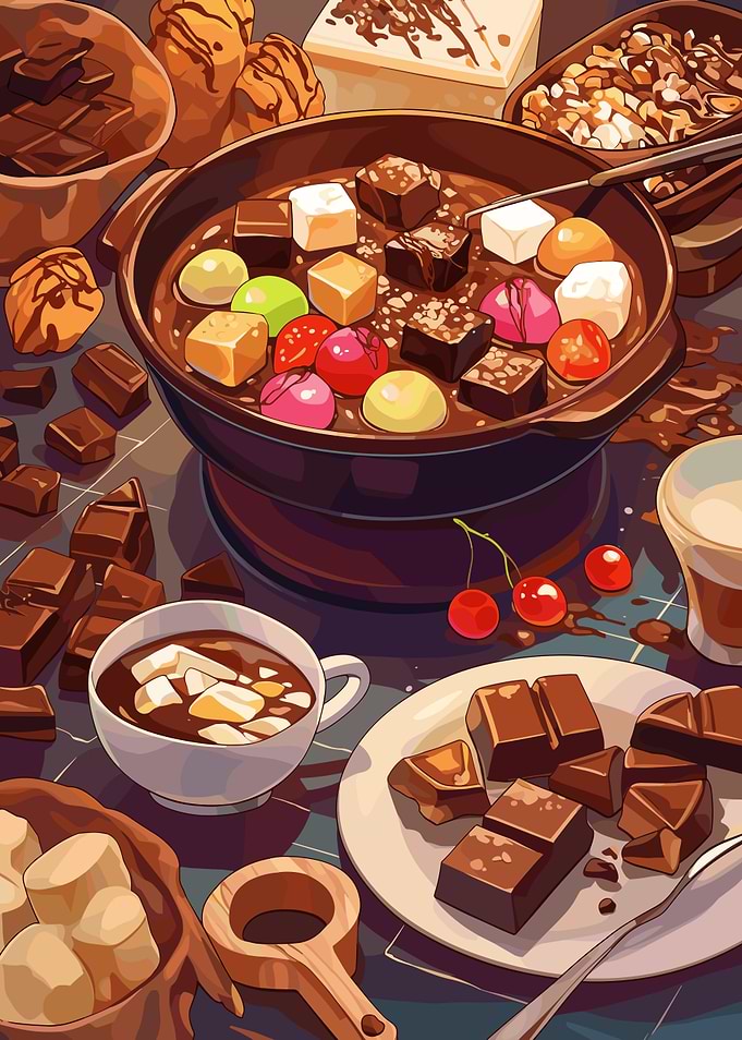 Chocolate Fondue with Candies and Marshmallows