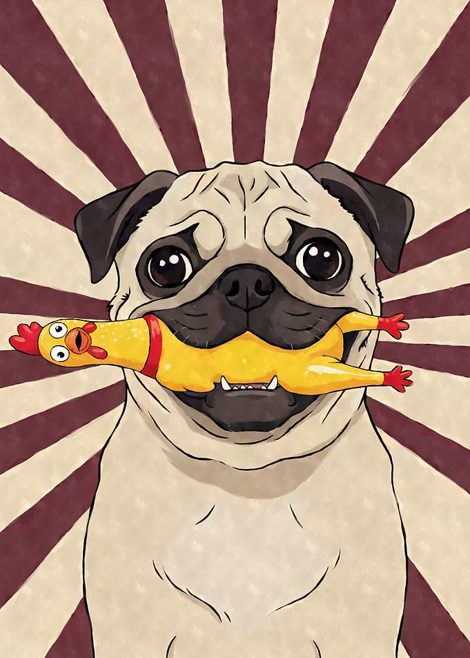 Pug with Rubber Chicken Art