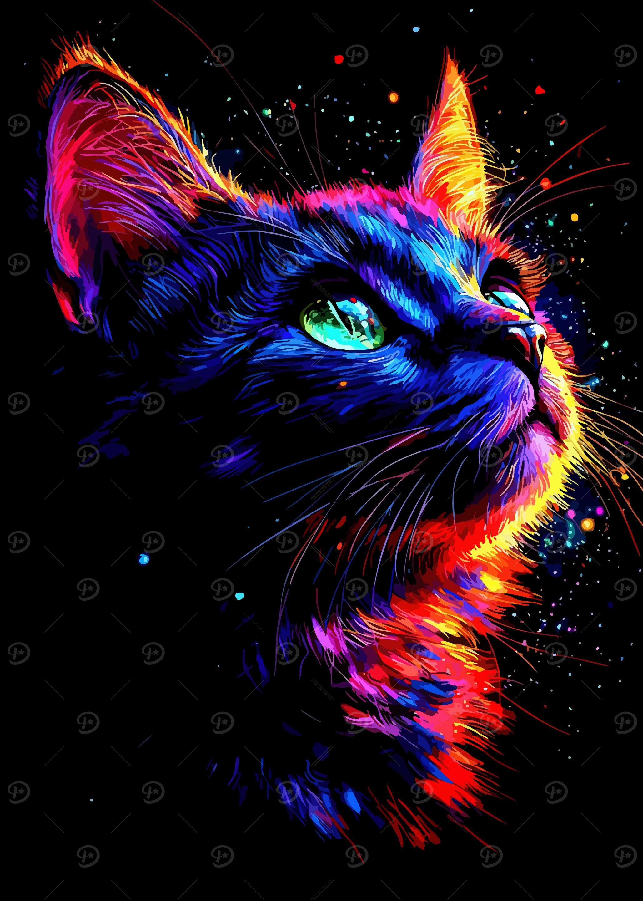 Colorful Cat Portrait on Black Background