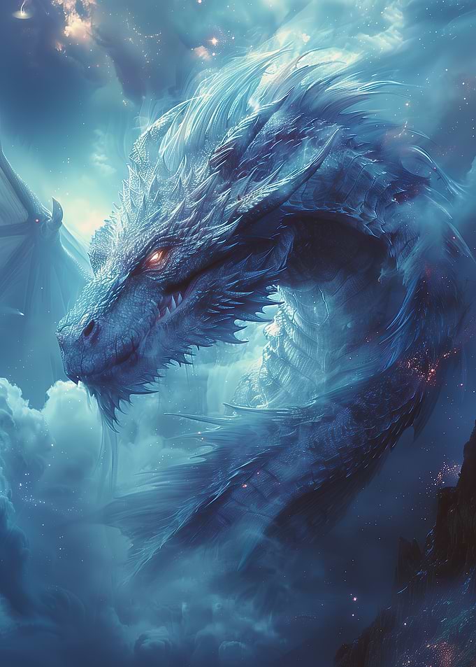 Majestic Blue Dragon in Cloudy Sky