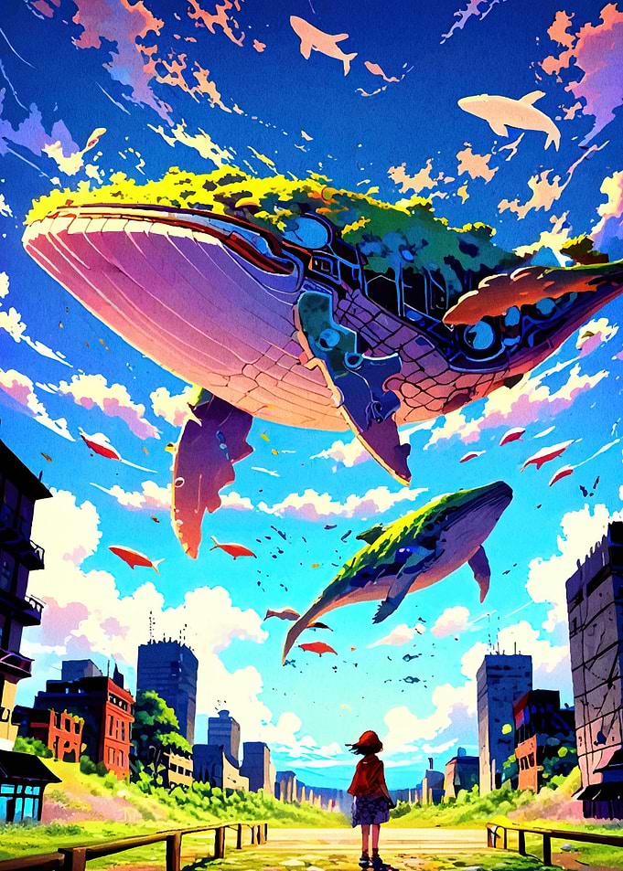 Flying Whales Over Cityscape