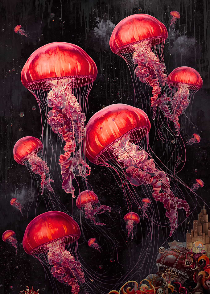 Crimson Jellyfish in Dark Ocean Depths