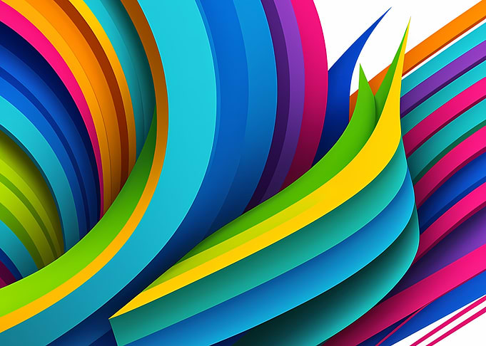 Crescent Rainbow Ribbon Burst — 3D Layered Paper Waves on White
