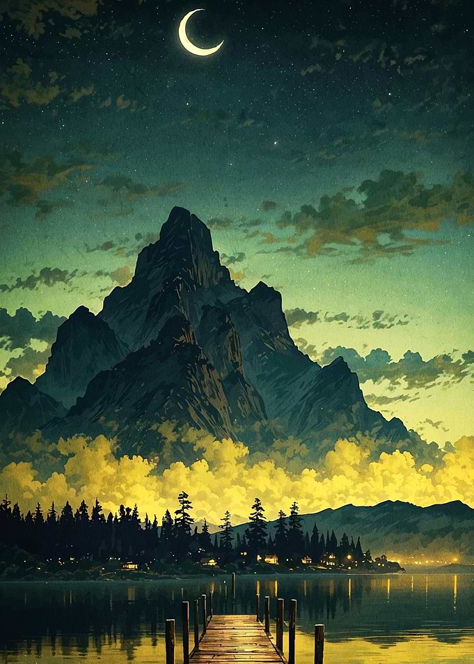 Mountain Lake Night Moon