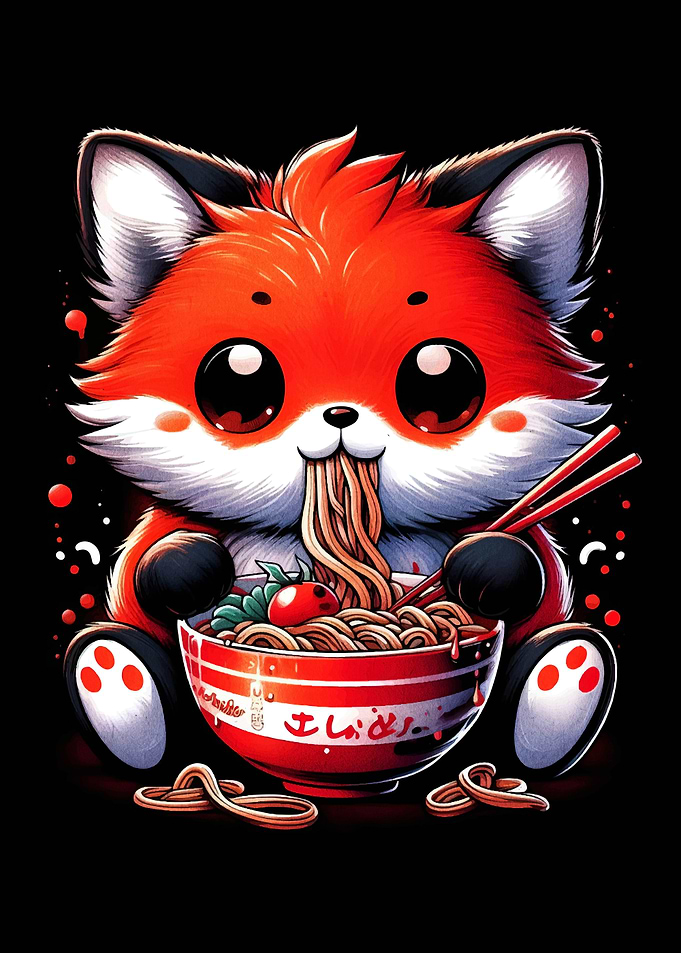 Cute Fox Eating Ramen Illustration