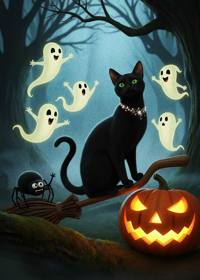 Halloween Cat with Ghosts and Pumpkin