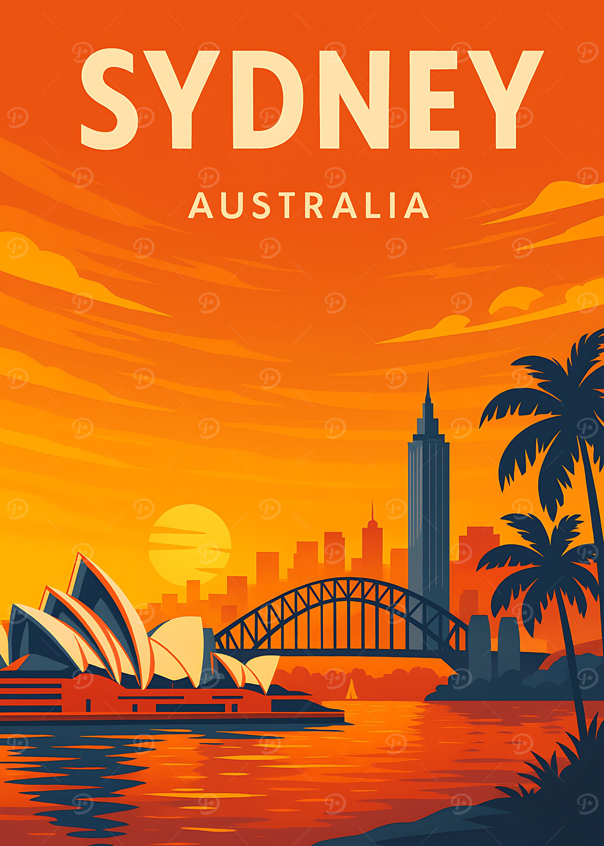 Sydney Australia Vintage Travel Poster – Opera House & Harbour Bridge Sunset Art