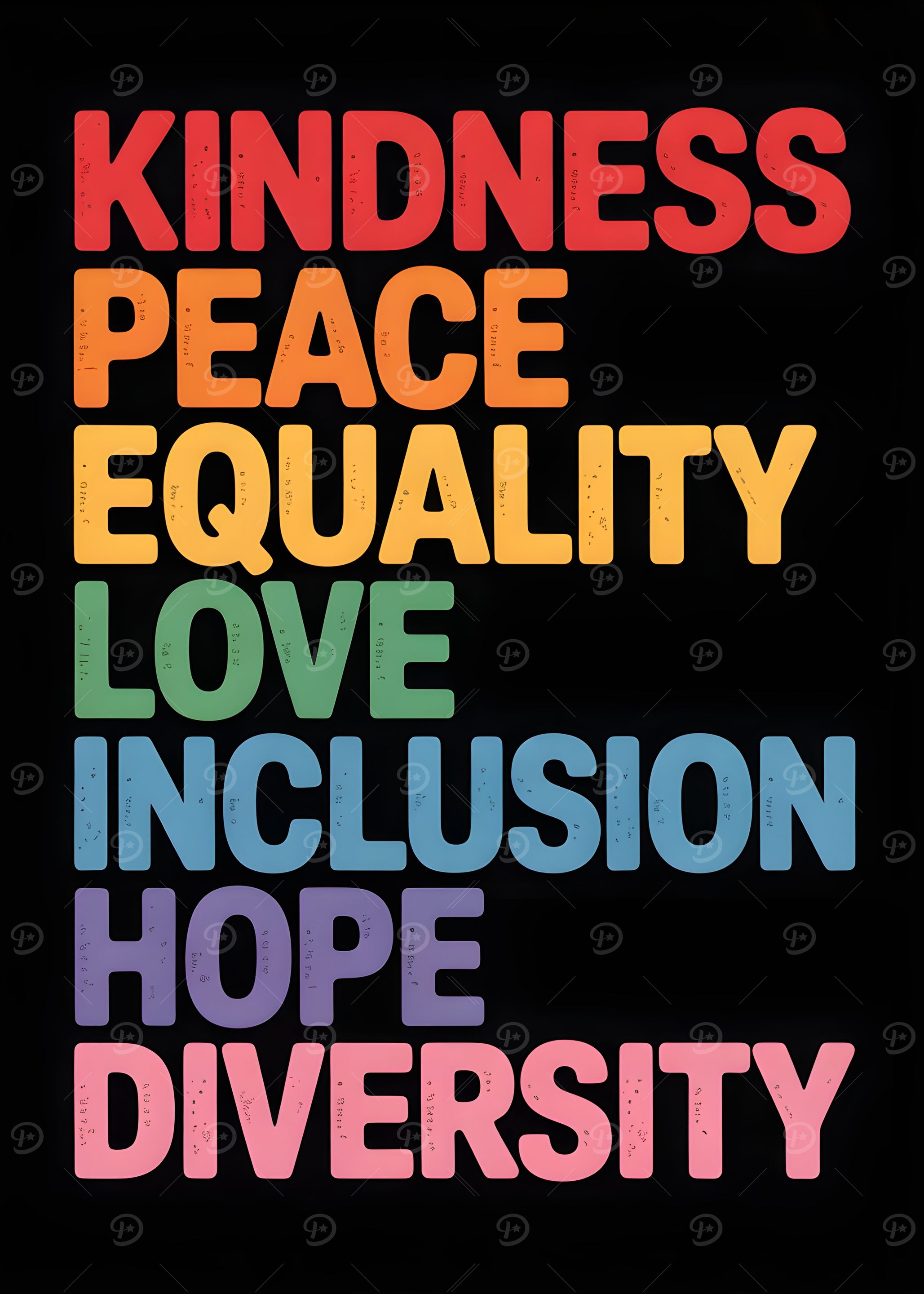Kindness, Peace, Equality, Love, Inclusion, Hope, Diversity