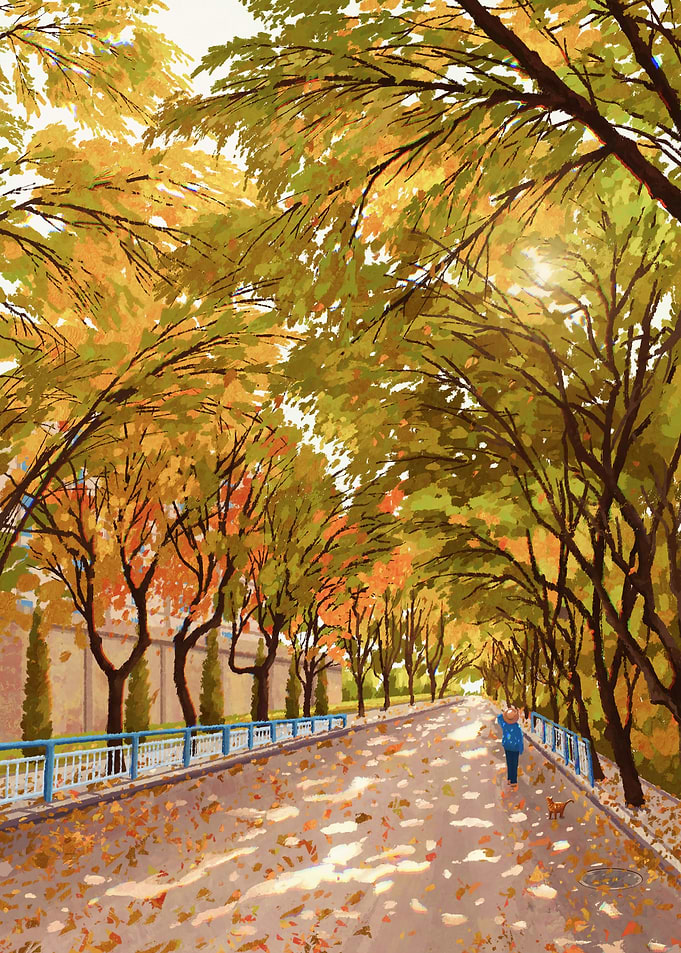 Autumn Road with Person and Dog
