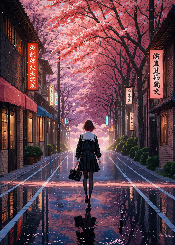 Anime Girl Walking in Cherry Blossom Sakura Street Japan