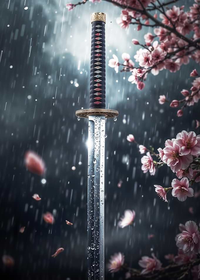 Katana in Rain with Cherry Blossoms