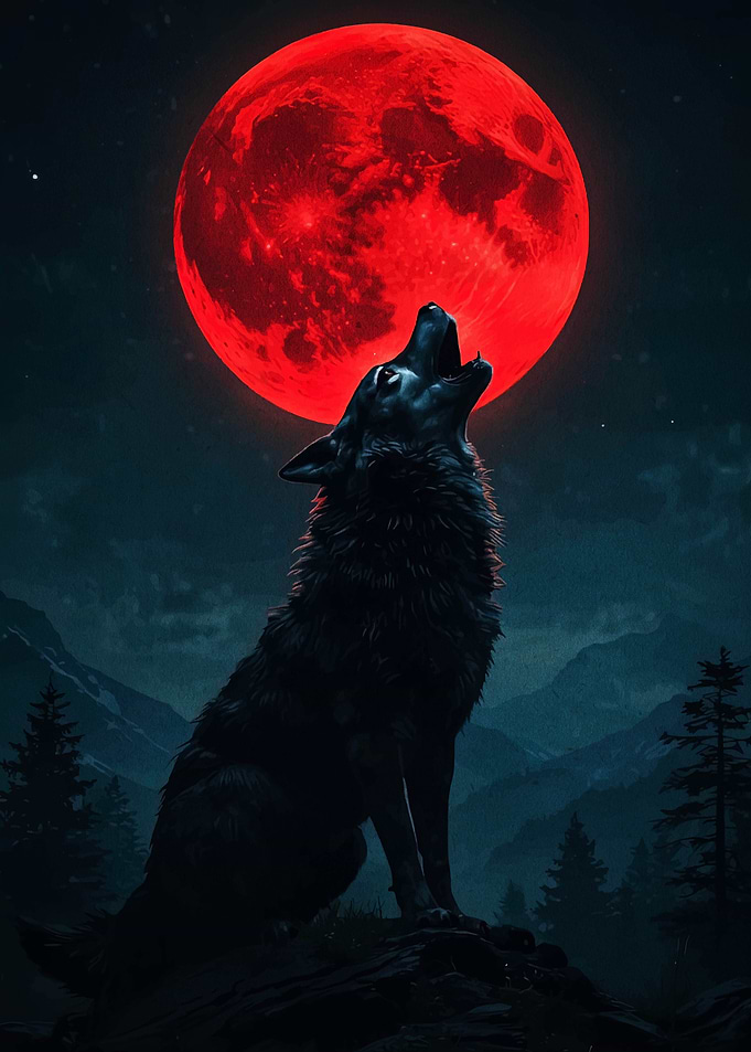 Wolf Howling at Red Moon
